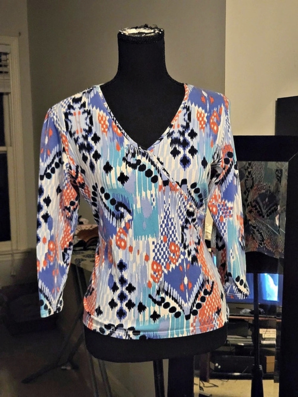 Women's Geometric Wrap-Front Tunic in Blue & Orange